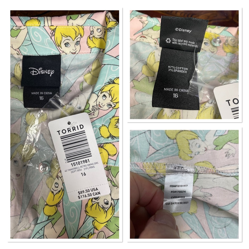Torrid Disney Tinkerbell Peter Pan Retro Swing Dress Cotton Midi Belted 16 NEW - Picture 5 of 16